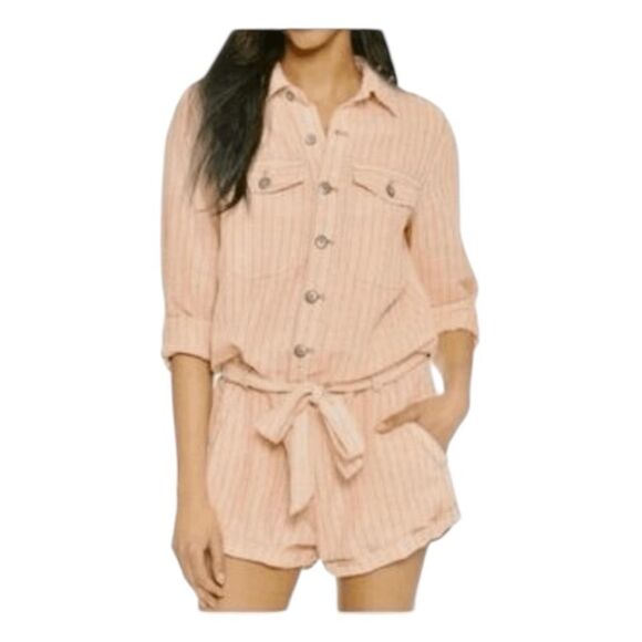 Free People Yarn Dye Stripe Linen Blend Belted Romper Pink Black Long Sleeve Sho - Picture 1 of 9